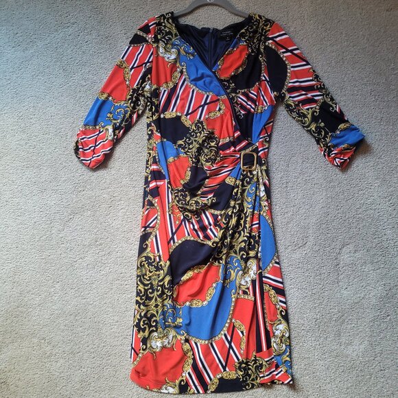 Tahari Arthur Levine wrap dress with buckle accent. Red, blue, black, gold, Sz 8 - Picture 2 of 2